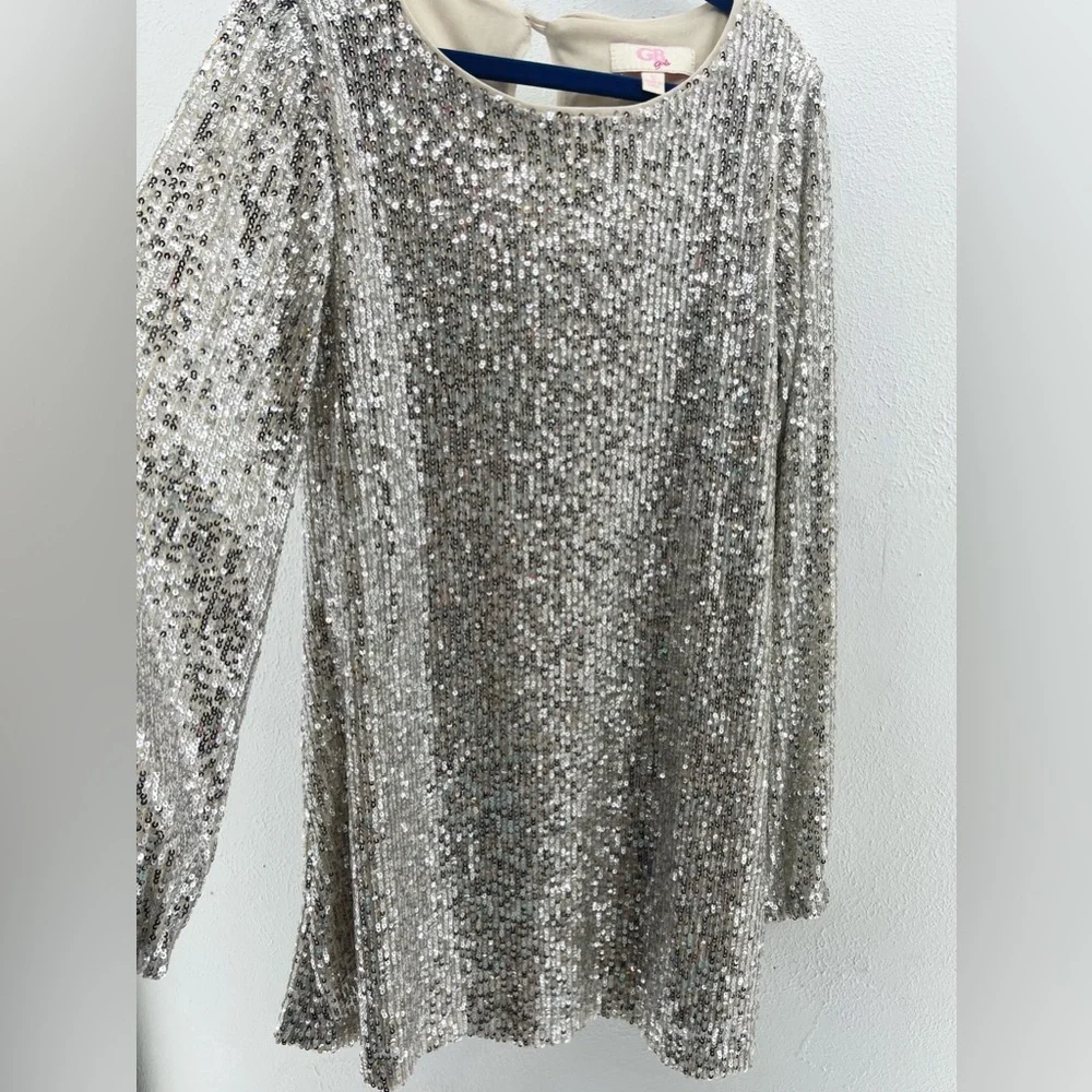 GB Girls Sparkle Sequin Long Sleeve Champagne Party Dress- Small - Picture 4 of 7